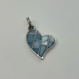 Vtg 925 Sterling Silver & Blue MOP Inlay Mosaic Heart Charm / Pendant